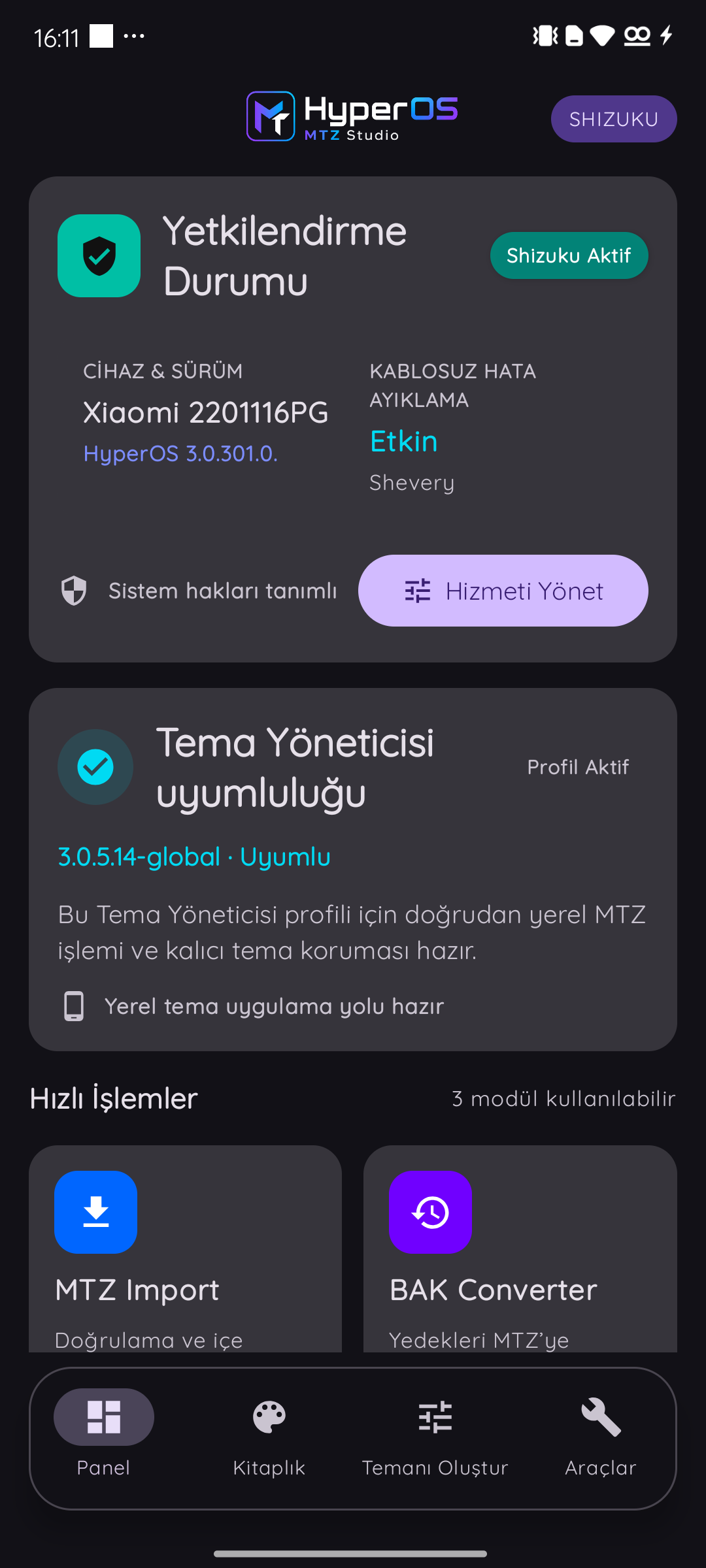 Shizuku ve Tema Yöneticisi uyumluluk paneli