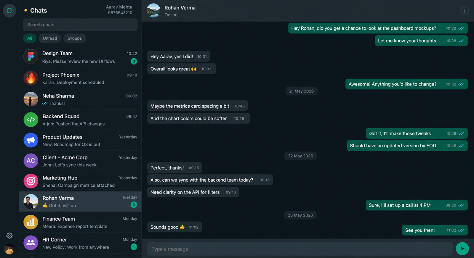 The web UI: a chat list on the left and an open conversation on the right, with delivery ticks
