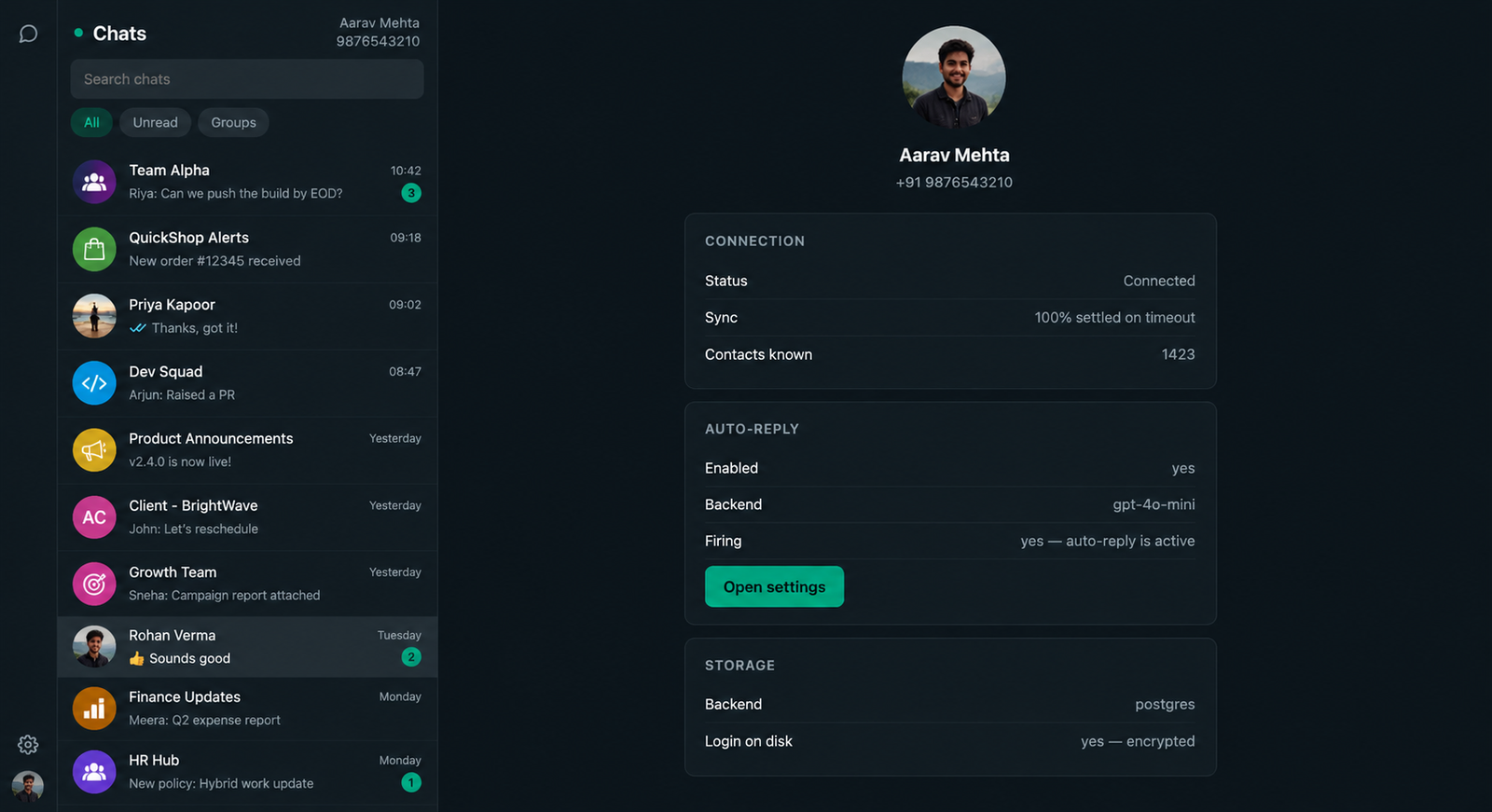 The contact panel: profile picture, connection status, sync progress and storage backend