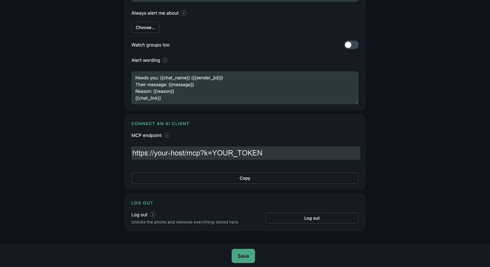 Settings → Connect an AI client, showing the MCP endpoint with a Copy button