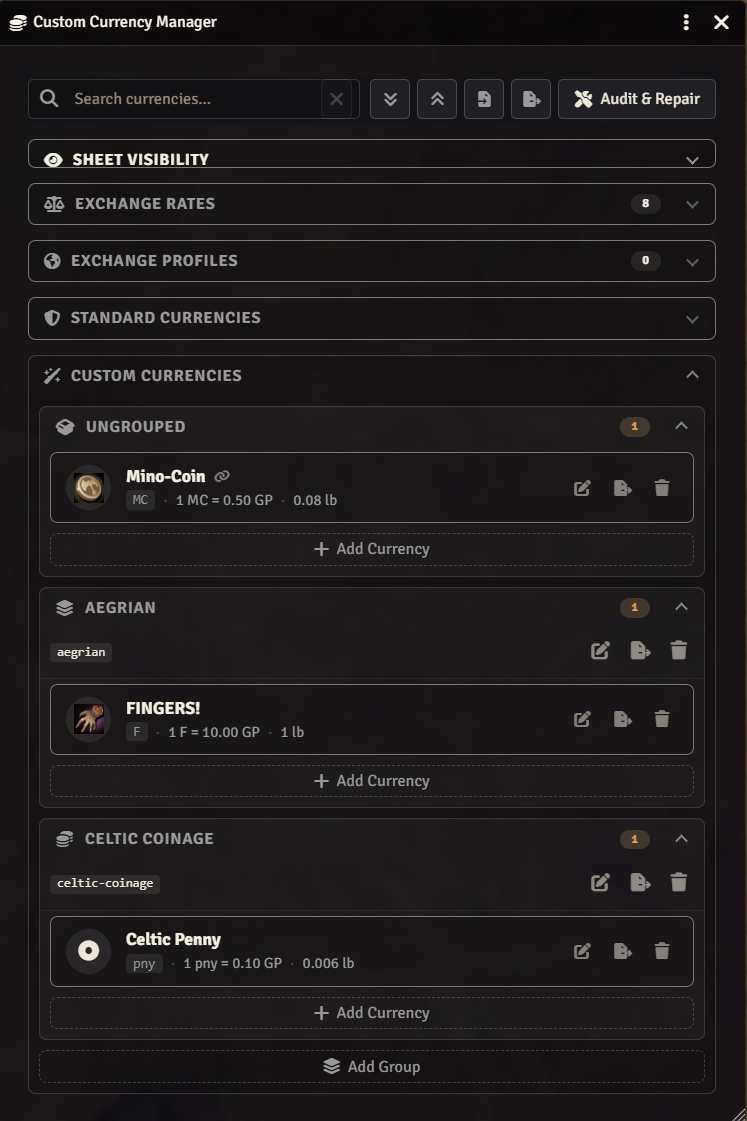Custom currencies organized into groups in the Currency Manager