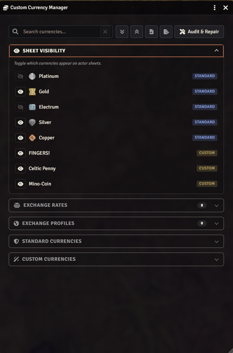 Sheet Visibility settings for standard and custom currencies