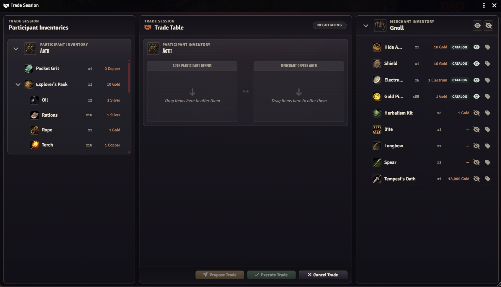 Merchant inventory with published catalog wares and hidden stock