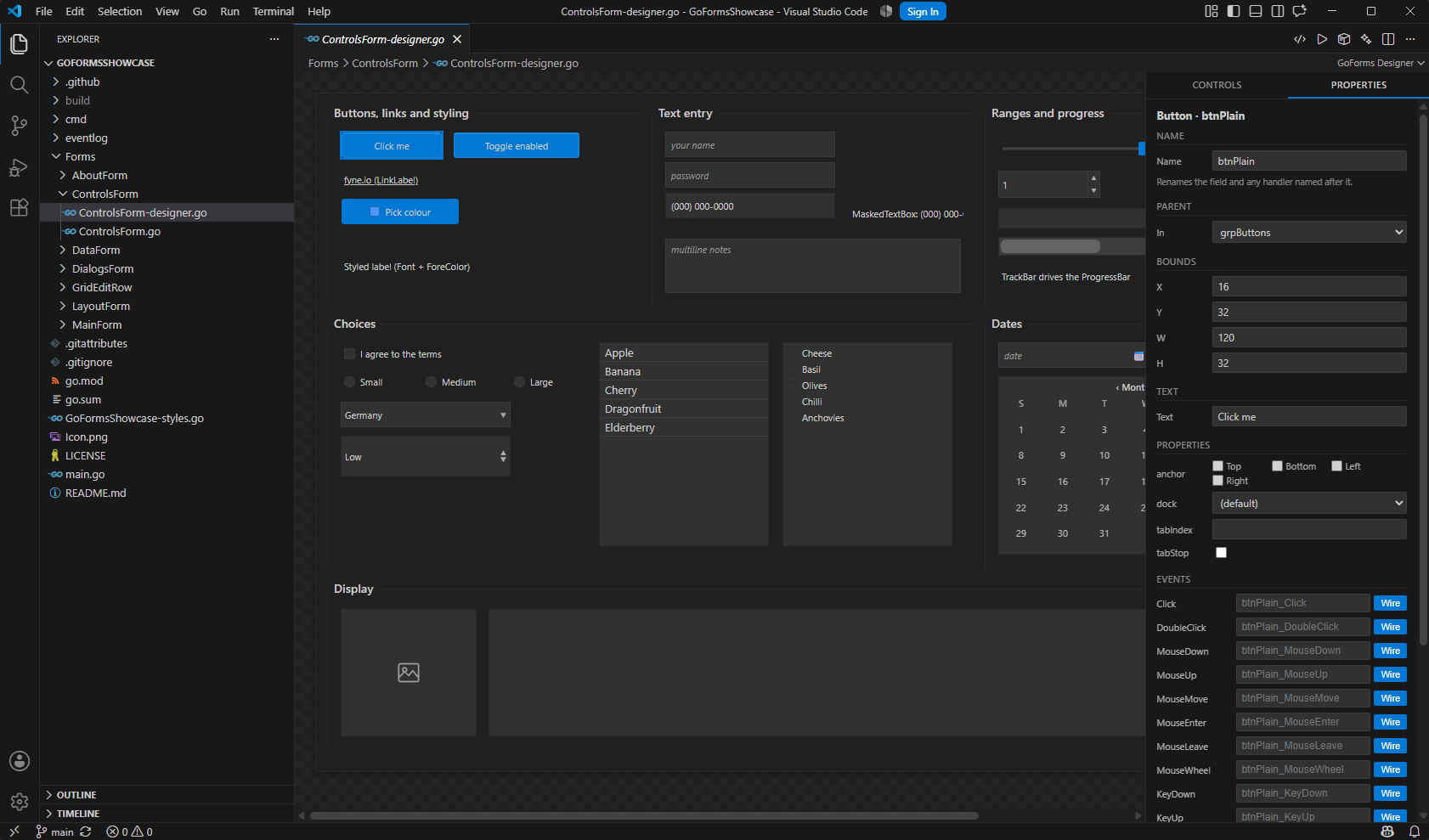 The designer editing a form, with the selected control's properties and events beside it