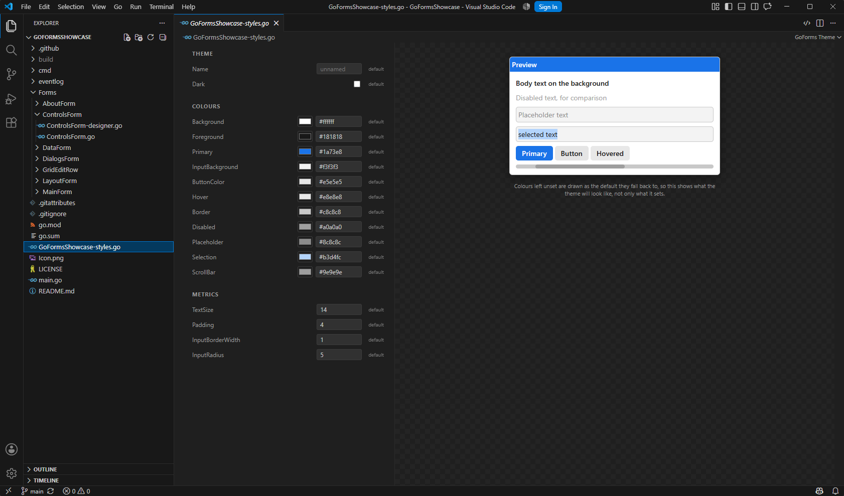 The theme editor: a colour picker per field and a live preview