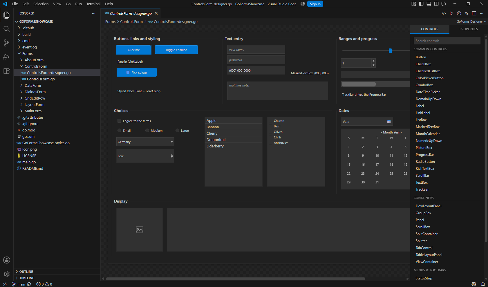 The toolbox: every control the designer can add, grouped and searchable