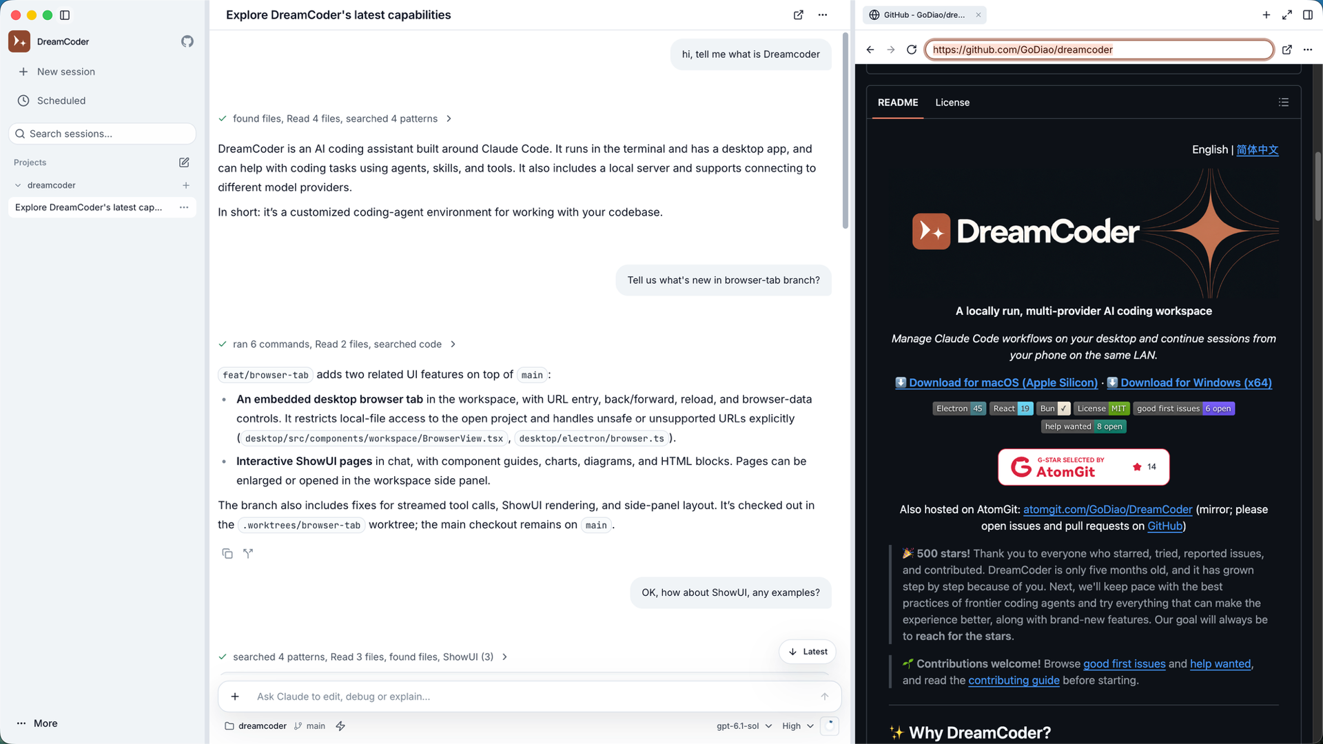 The built-in browser in a side panel tab