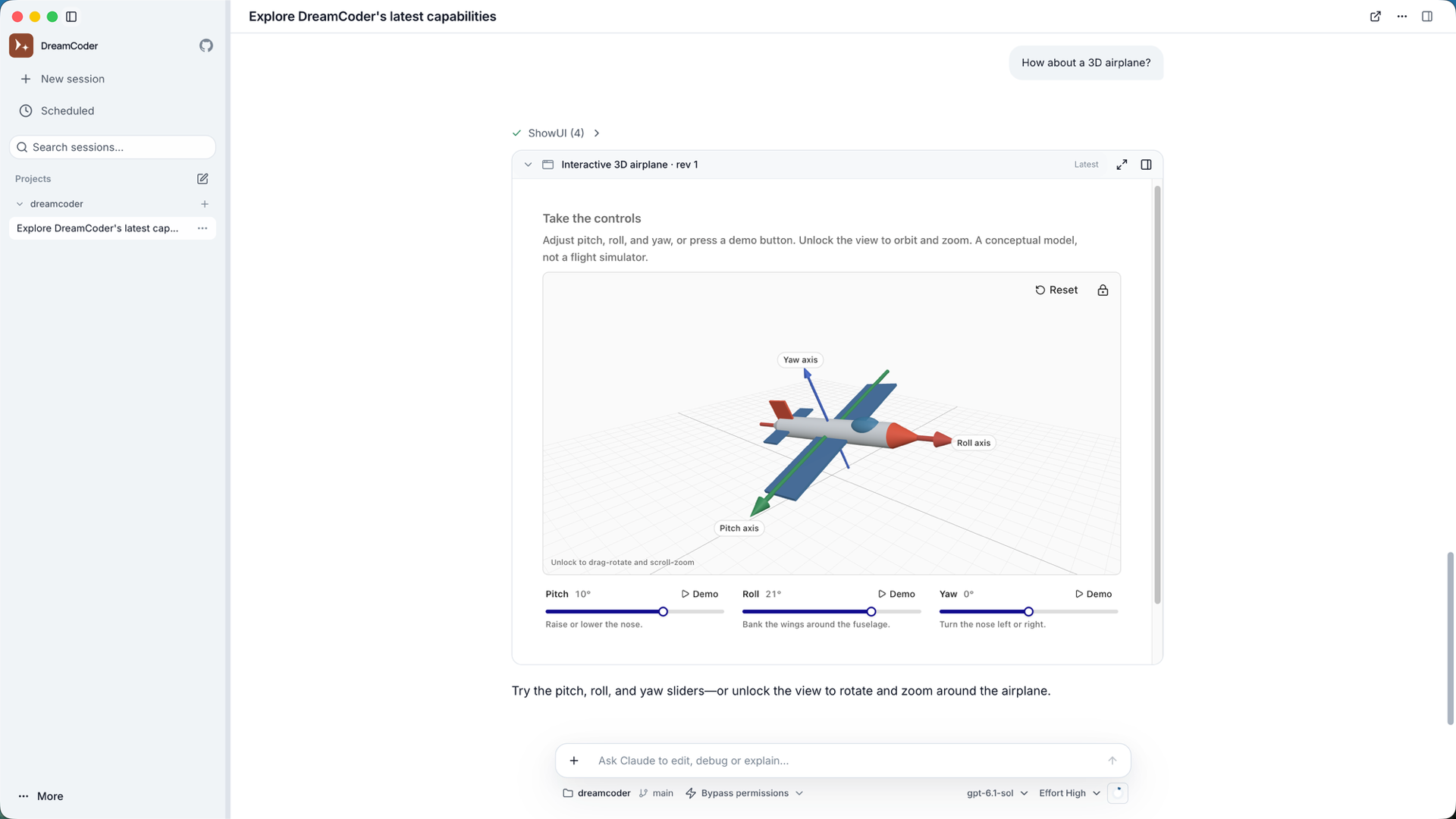 A 3D airplane page with pitch, roll and yaw sliders
