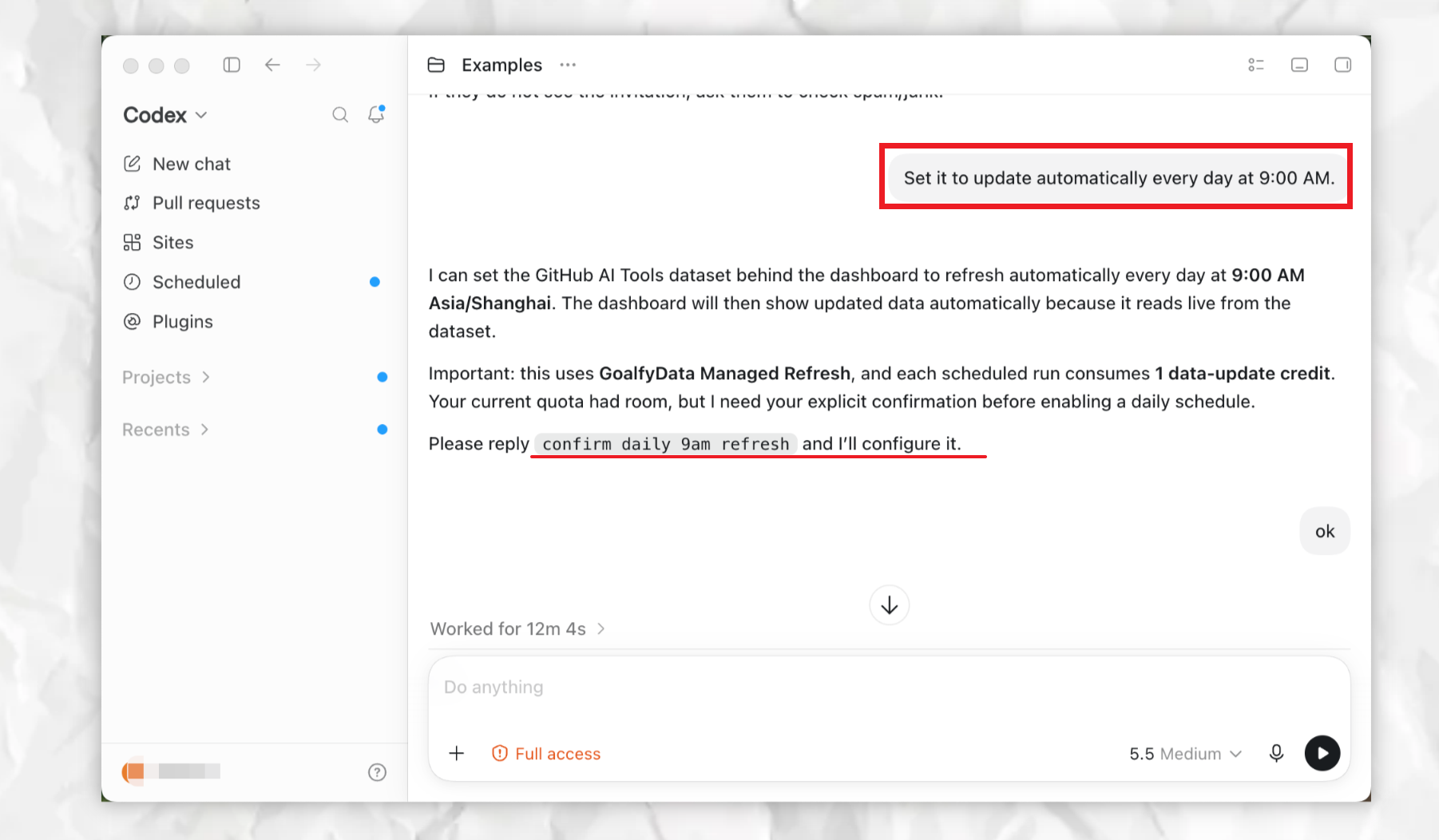 Ask an agent to schedule automatic data updates