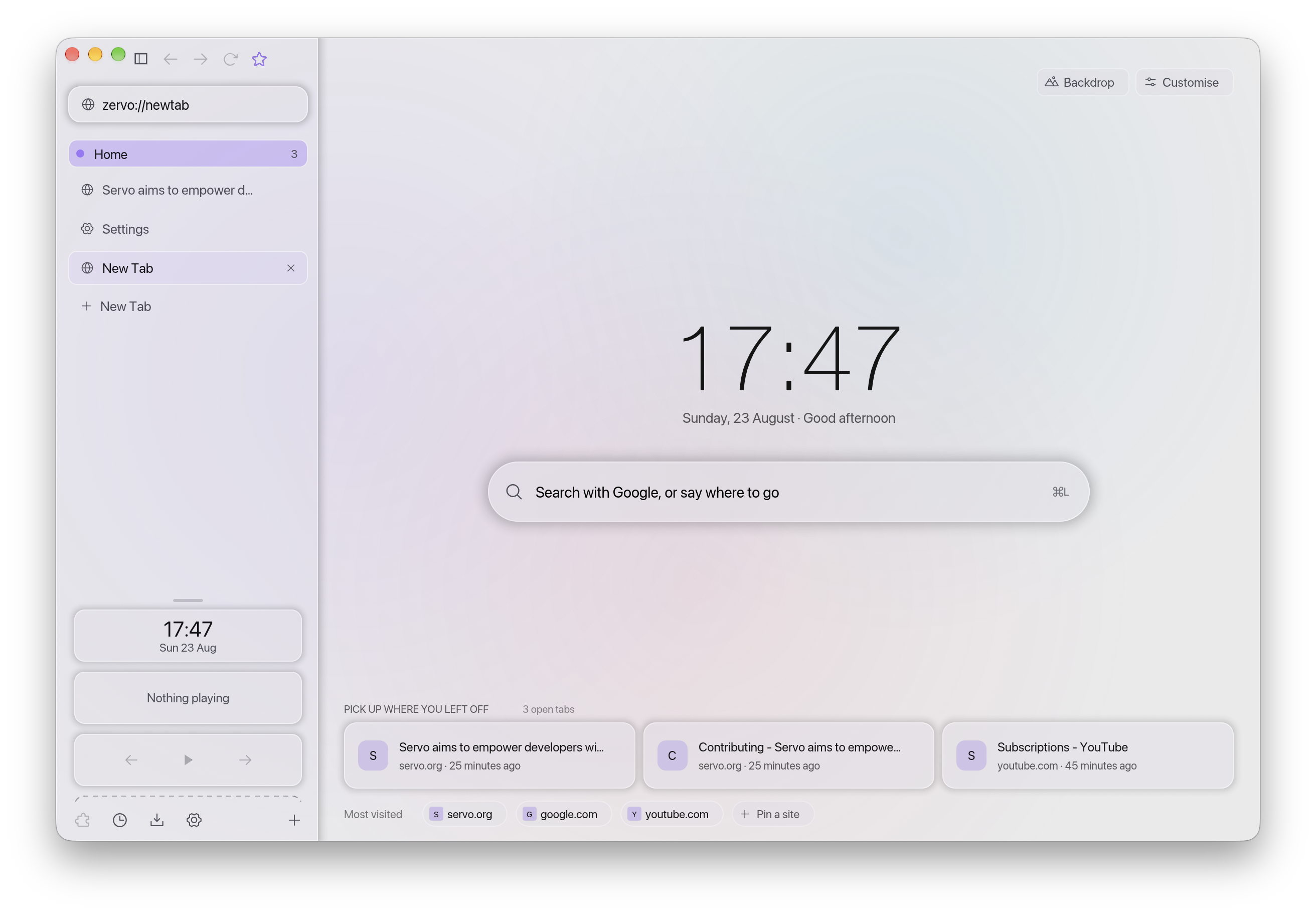 The Zervo window with the sidebar open, showing the new tab page
