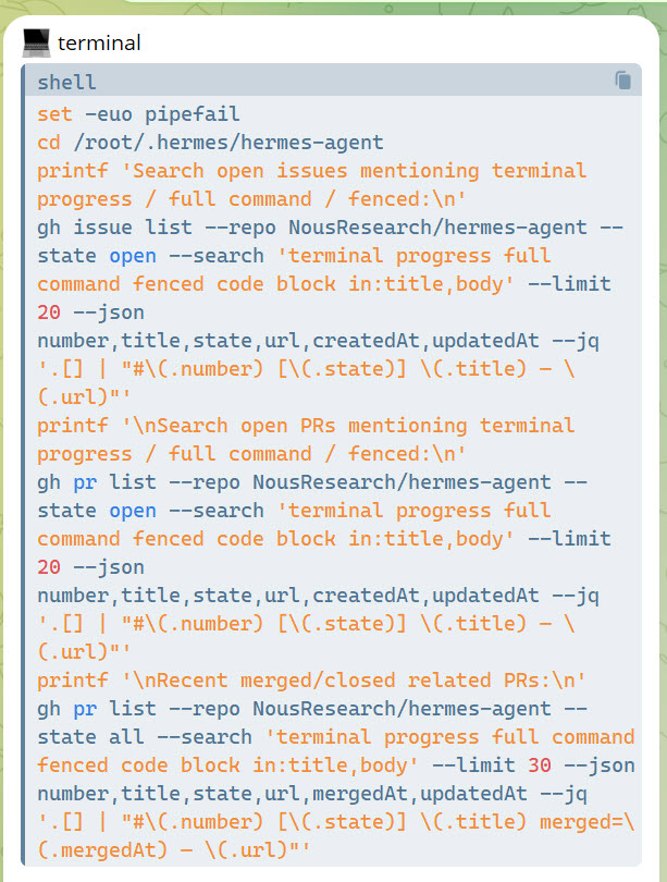 Terminal command leaked as a fenced code block in Telegram