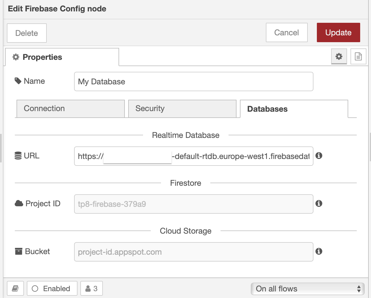 Screenshot of the config-node Databases tab