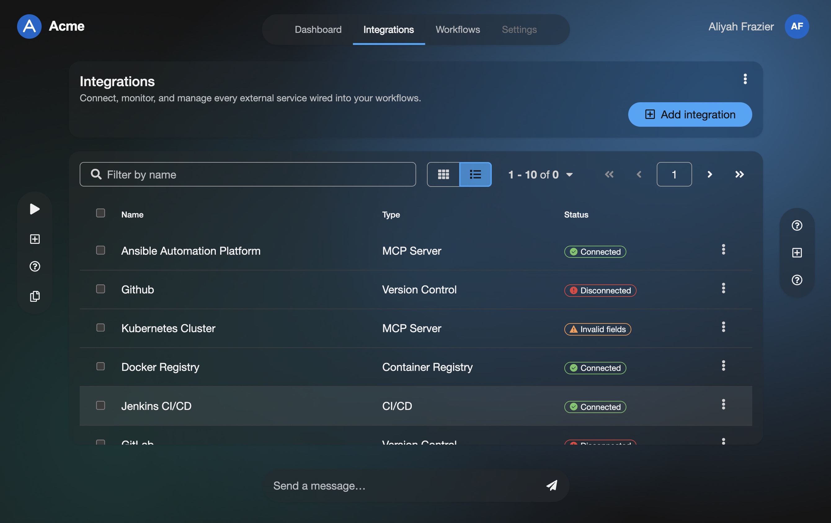 Default theme — dark mode with glass surfaces