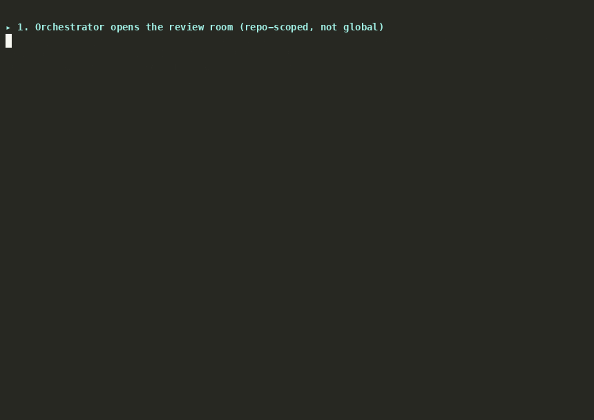 Three named reviewer agents posting findings to a shared repo-scoped thread, replying to each other, and an orchestrator synthesizing a verdict over the comms CLI