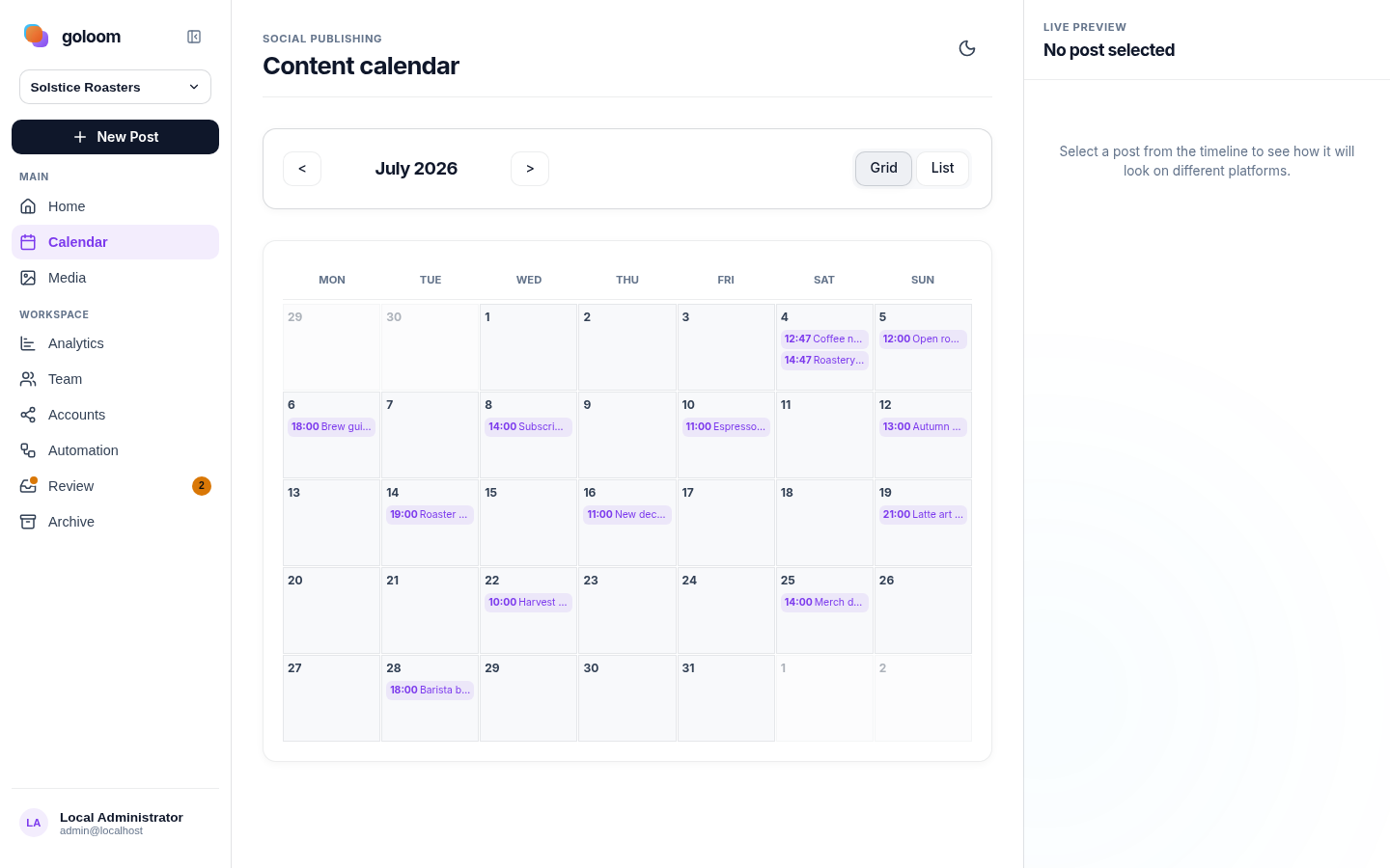 goloom content calendar