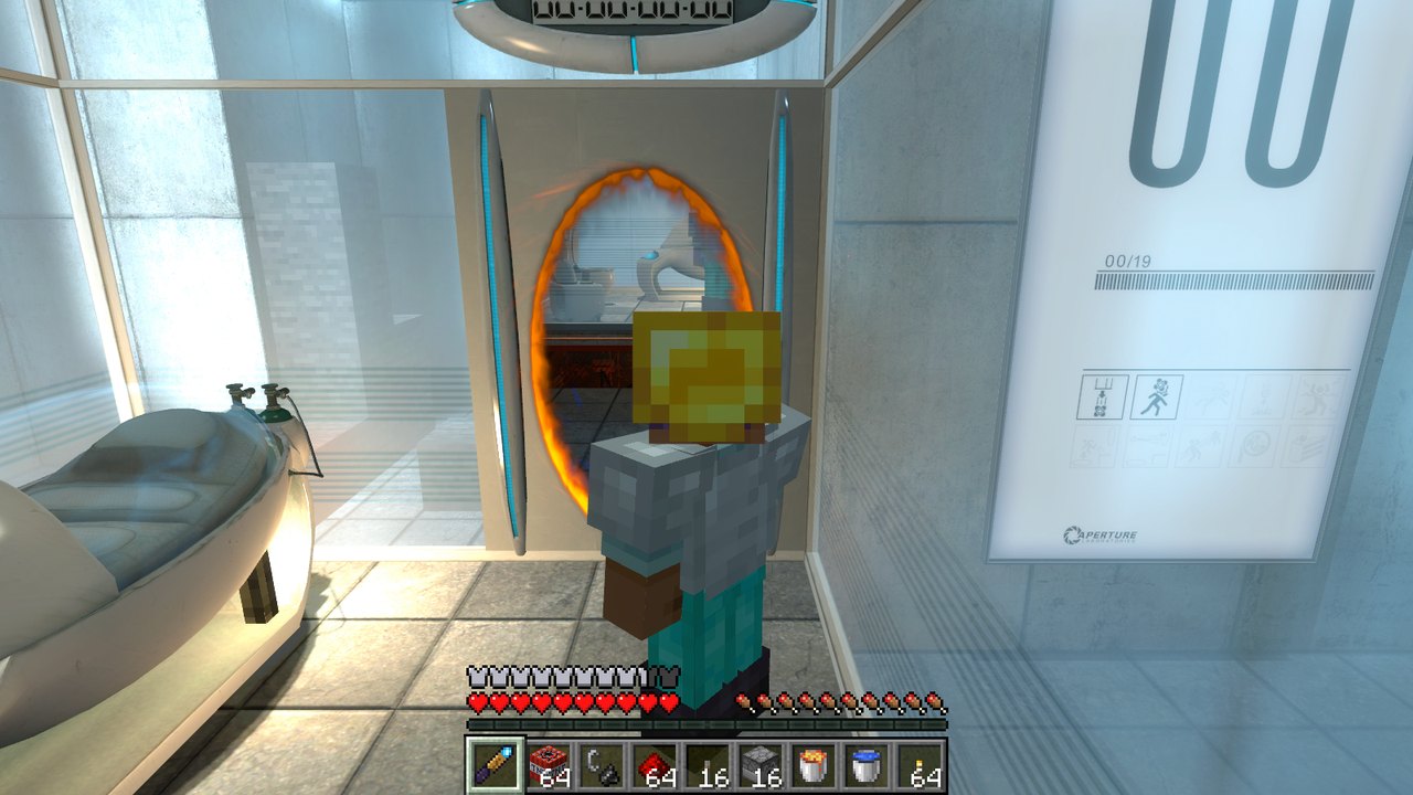 Steve in Portal's relaxation vault, with an orange portal behind him