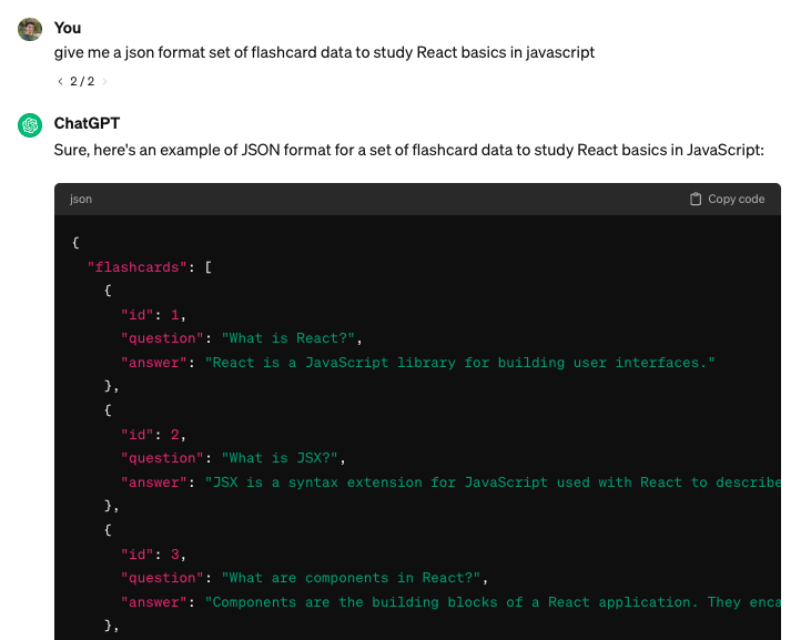 I asked chat gpt to give me a dataset of flashcard to study react