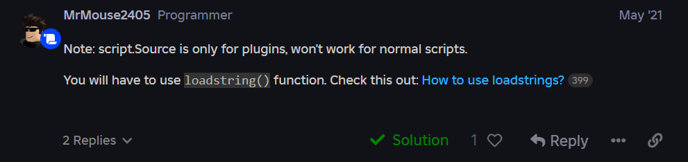 Devforum post answer: use loadstring
