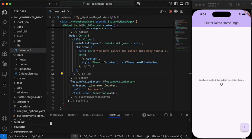 GVL Comments Flutter SDK demo — post, reply, react, dark mode