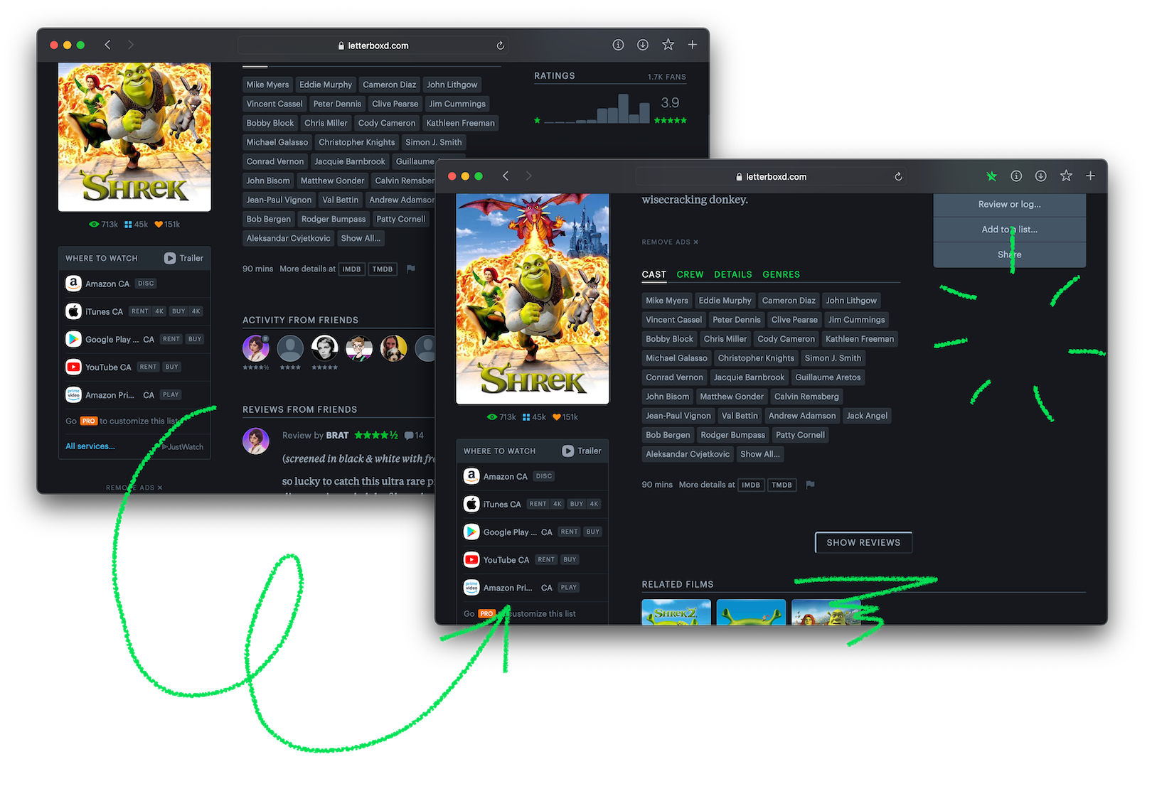 screenshot of before and after, using the extension on the Letterboxd page for 'Shrek'. Ratings and reviews have been hidden.