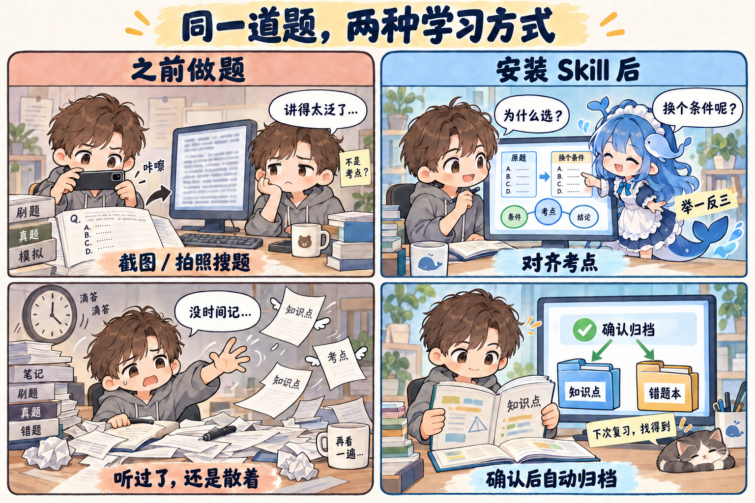做题前后对比:原来截图搜题后讲解宽泛、来不及记录;安装 Skill 后对齐考点、换条件练习,确认后分别归档知识点与错题