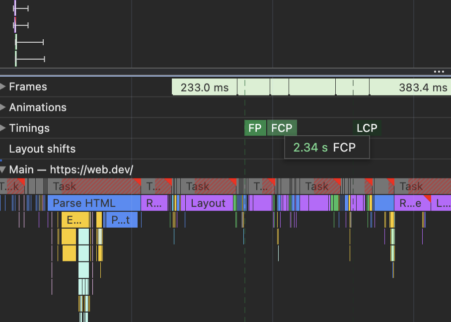 FCP marker in DevTools trace view