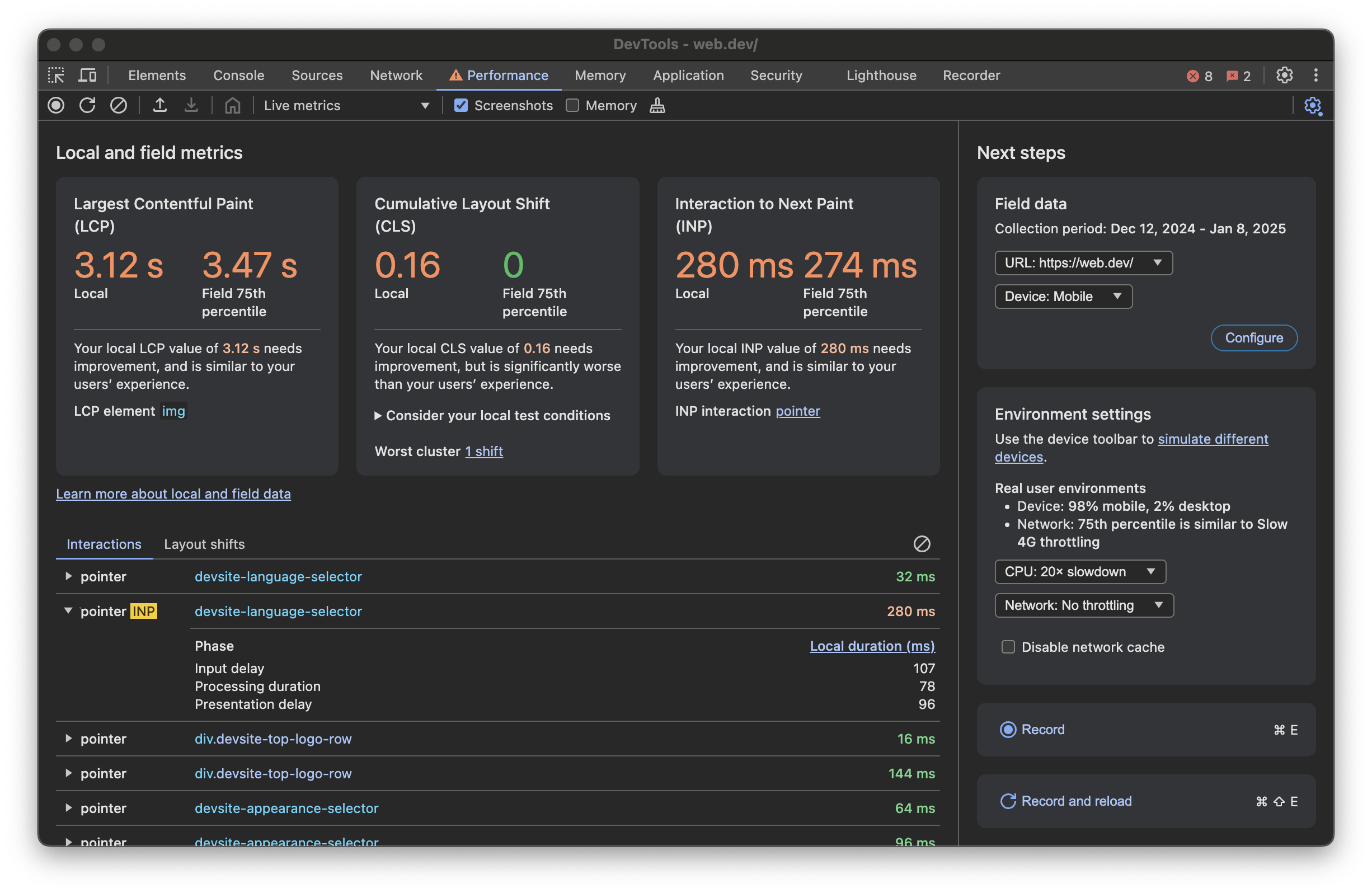 DevTools live metrics view