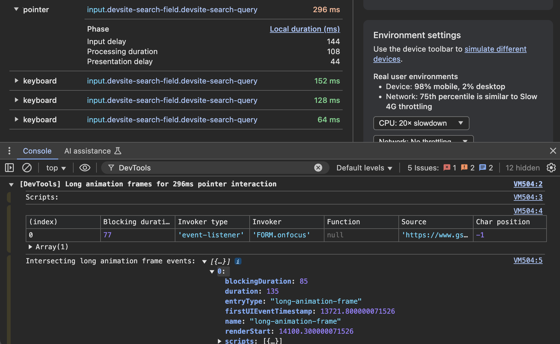 Additional LoAF attribution logged to the DevTools console from the interaction log