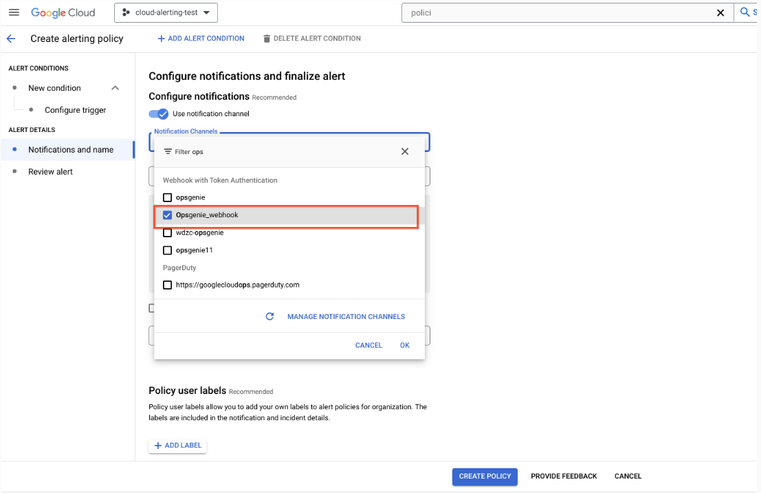 Configure your notification and create your policy with the metrics of your selection