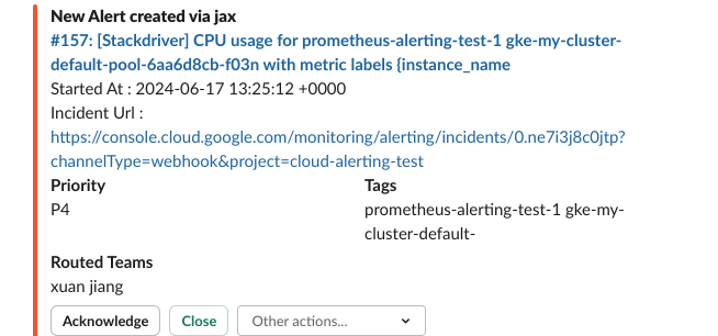 Alert shown in Slack