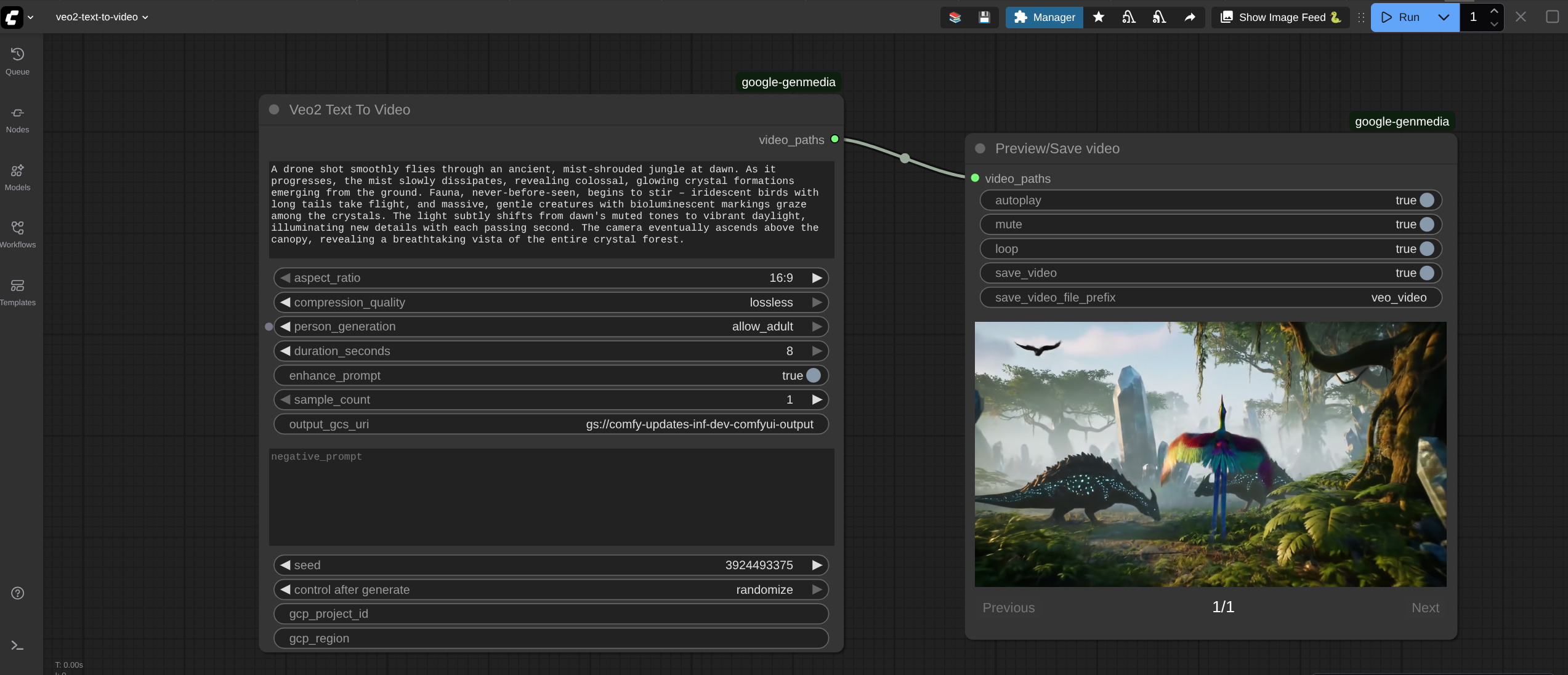 Sample workflow using Veo2 text to video node