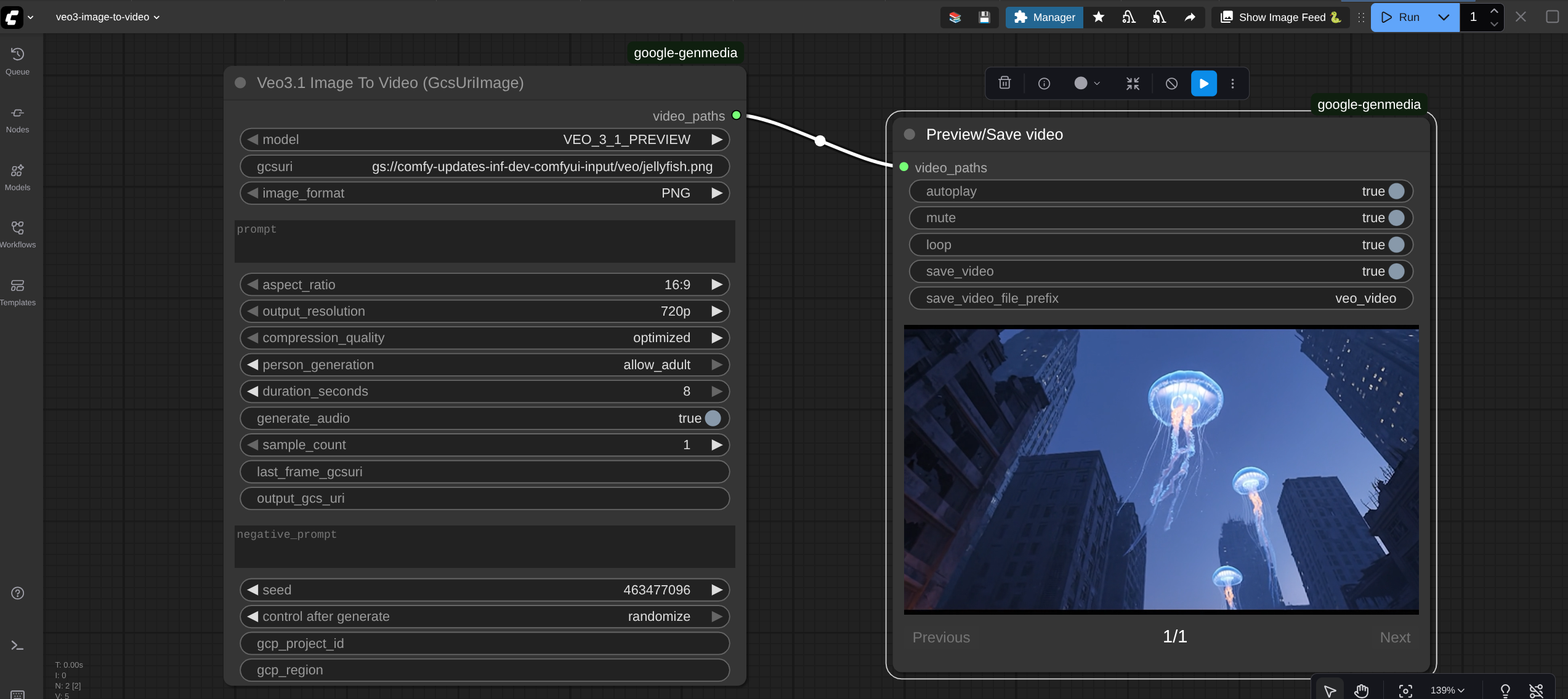 Sample workflow using Veo3 Image to Video node