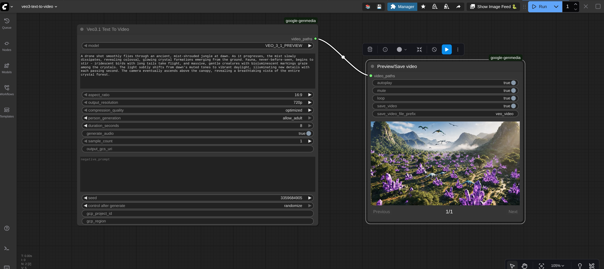 Sample workflow using Veo3 Text to Video node