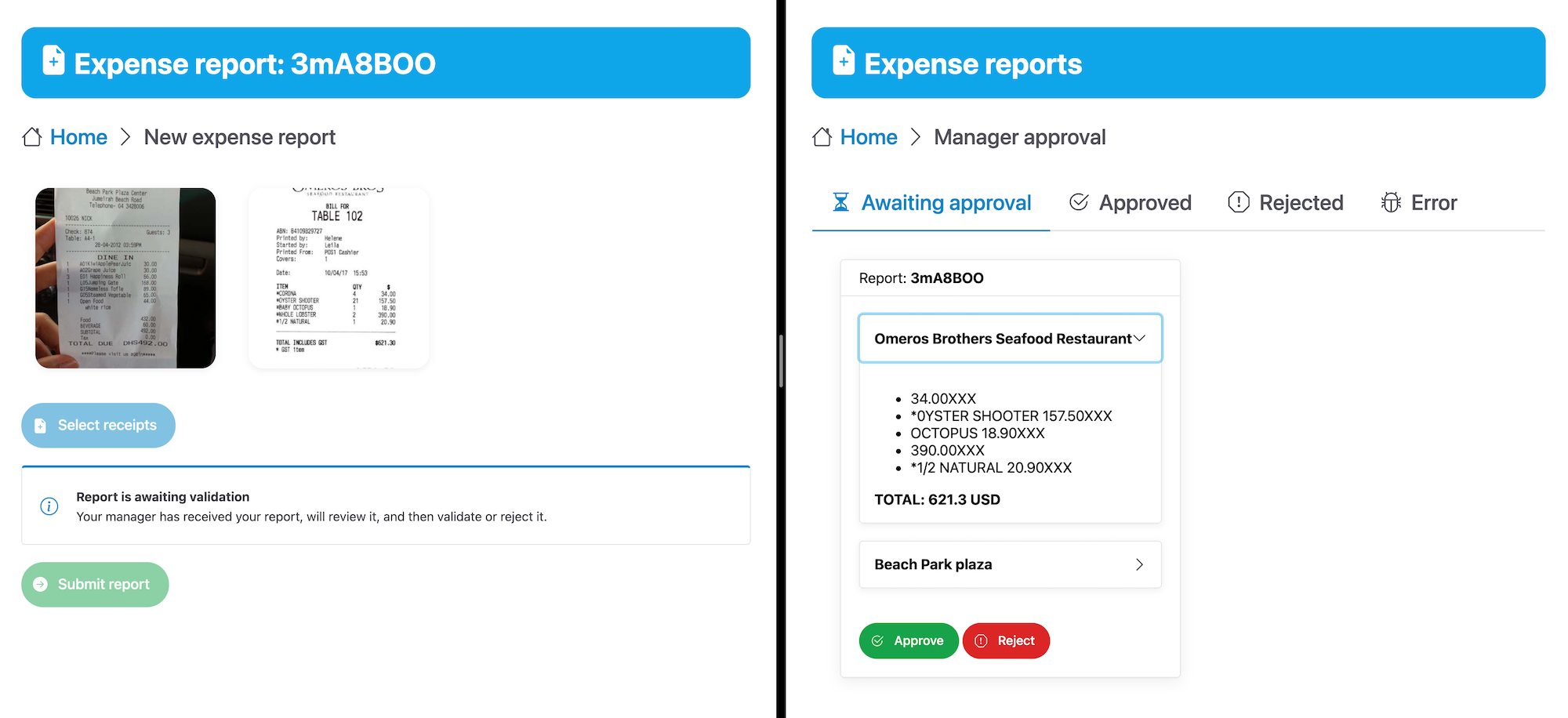 Employee and manager expense report screens