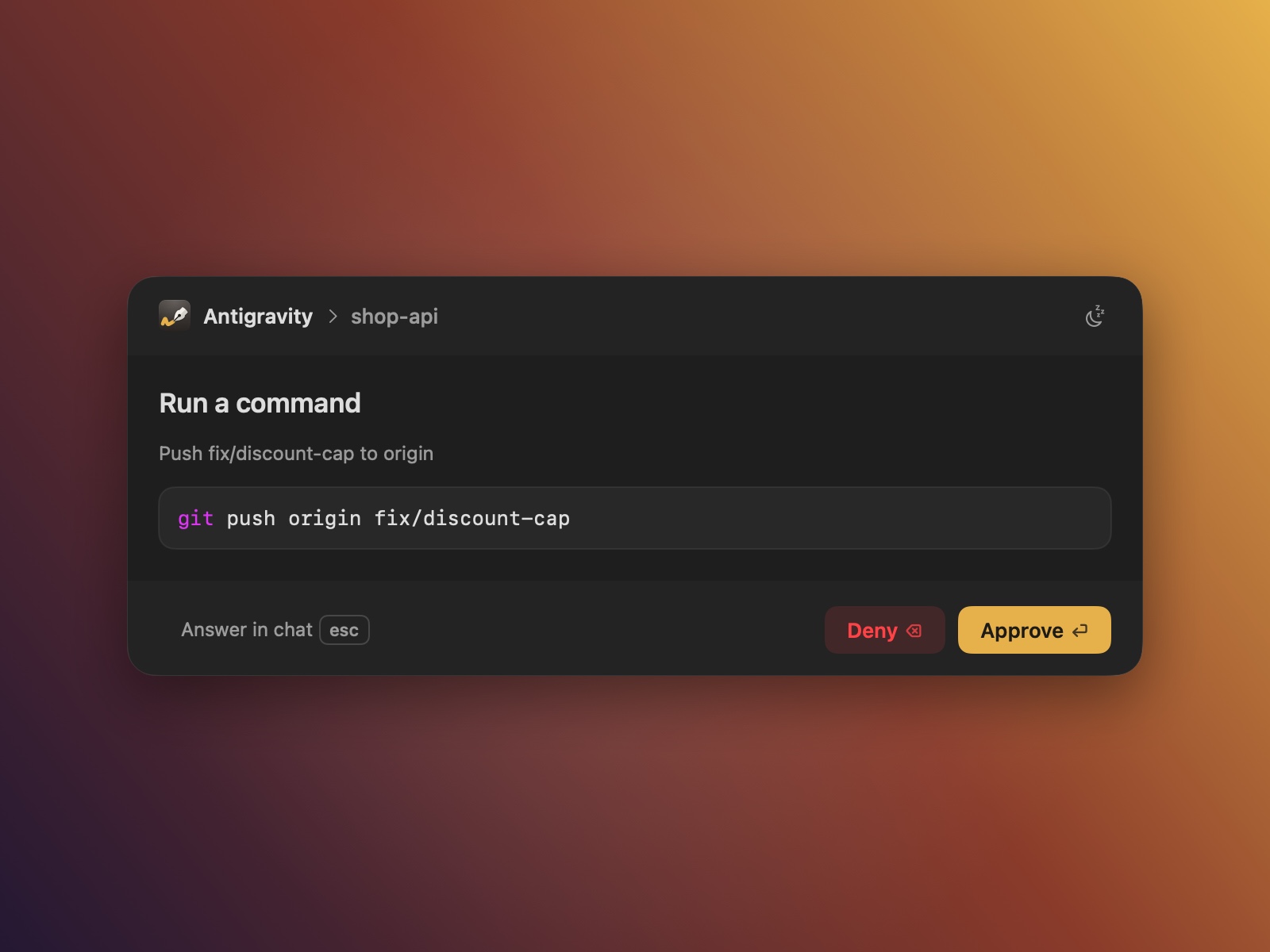 An Antigravity run_command request, shown in the same panel