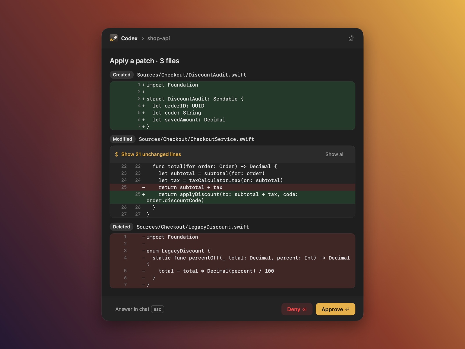 A Codex apply_patch request shown against the real file