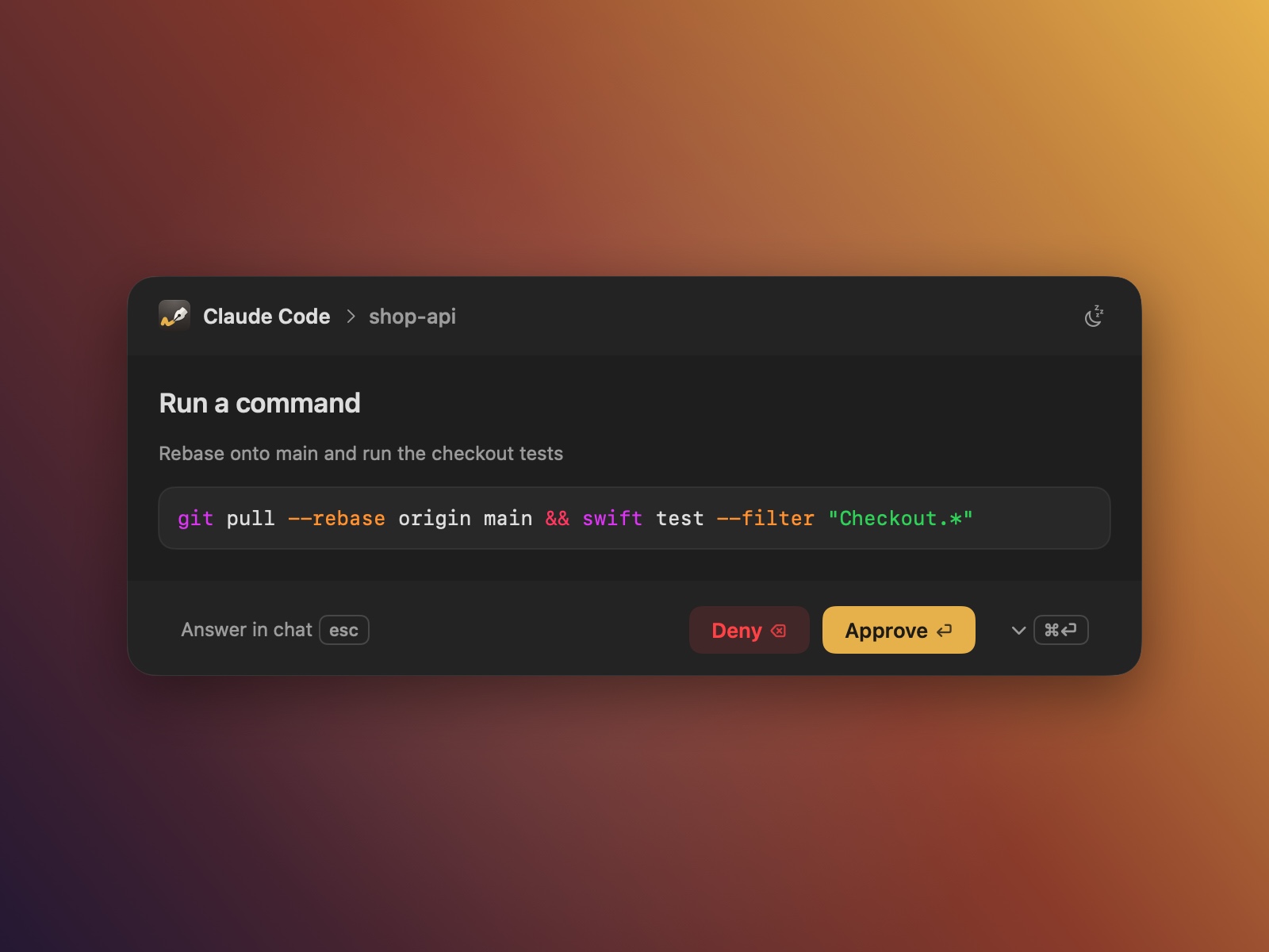 A shell command with syntax highlighting, Approve and its ▾ menu