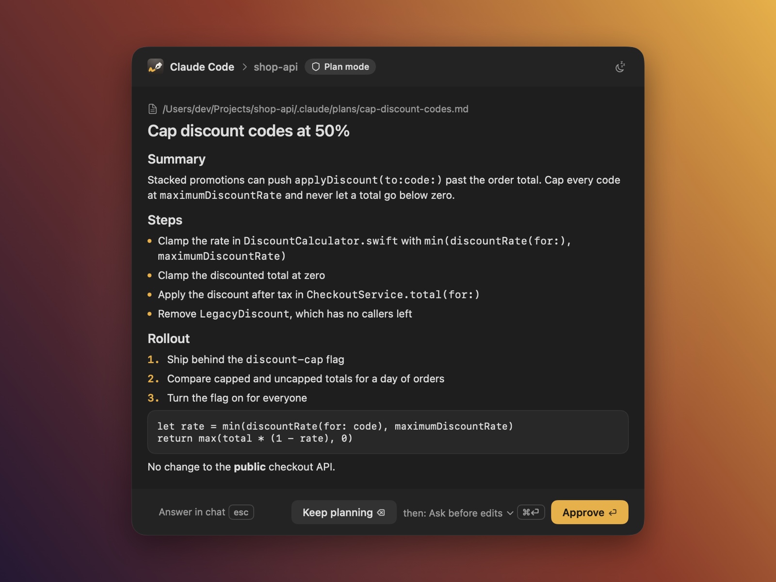 A plan rendered as Markdown with Approve and a mode menu