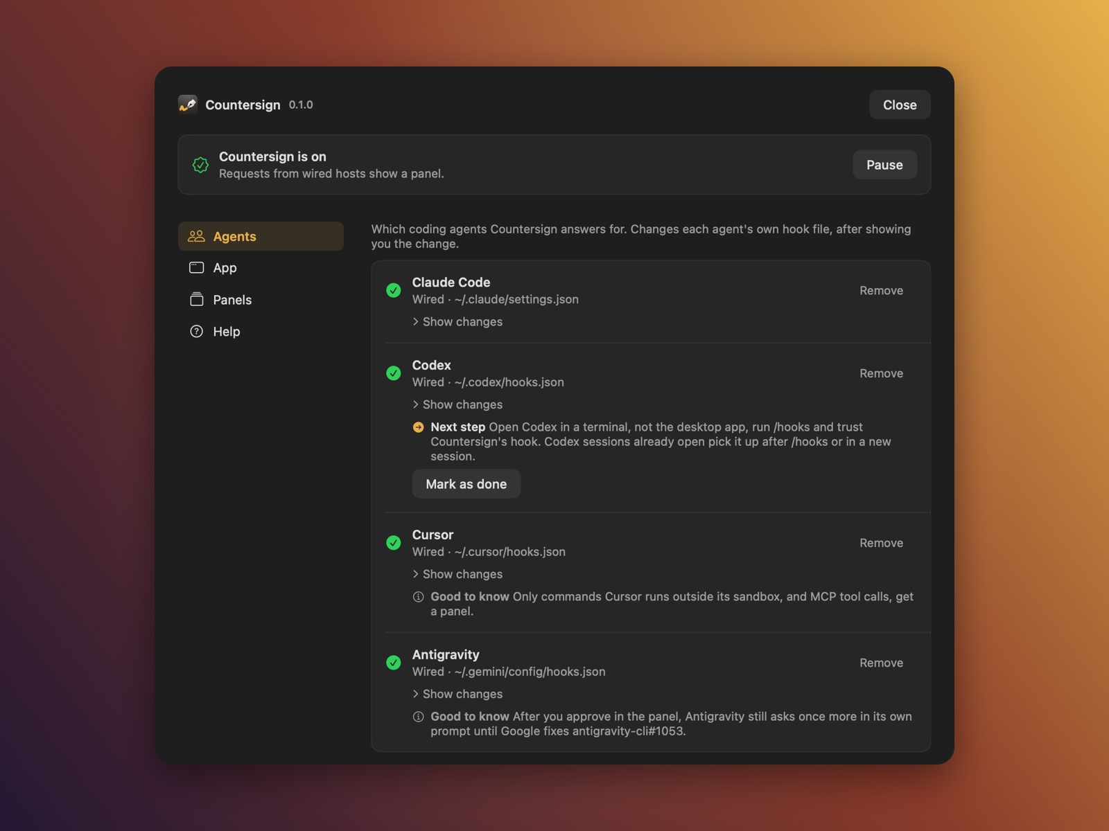 The Settings window with all four hosts wired and the status row showing Countersign is on