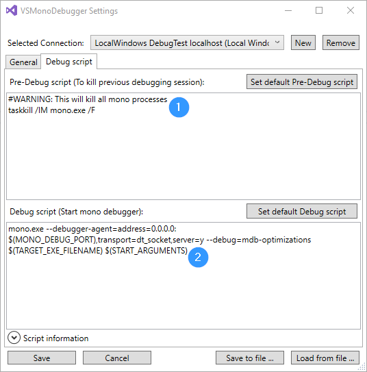 VSMonoDebugger Settings Windows