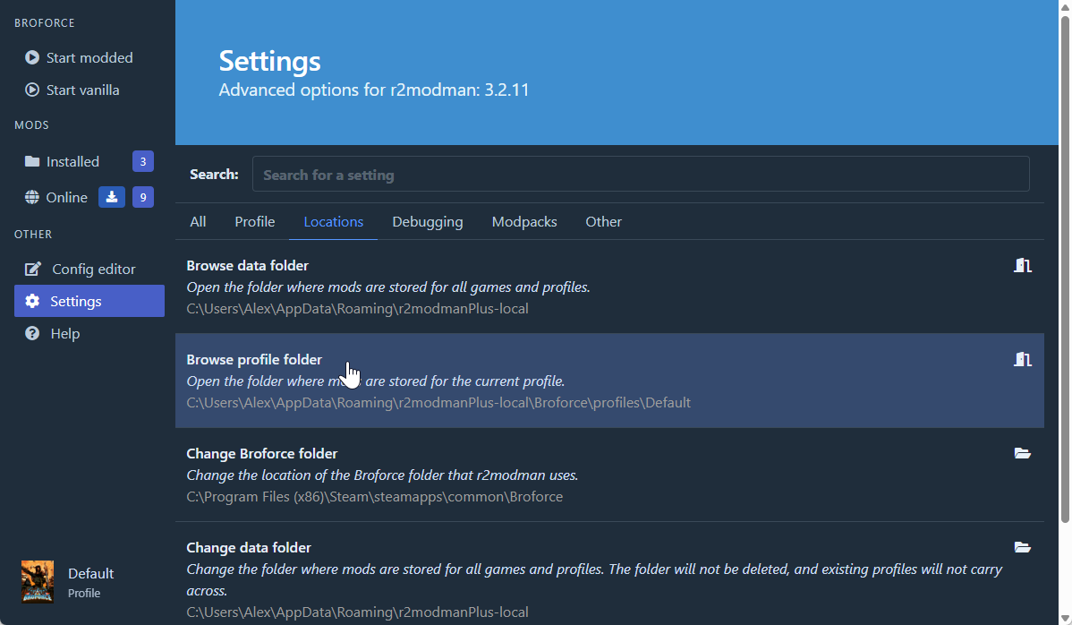 Browse profile folder button in r2modman settings