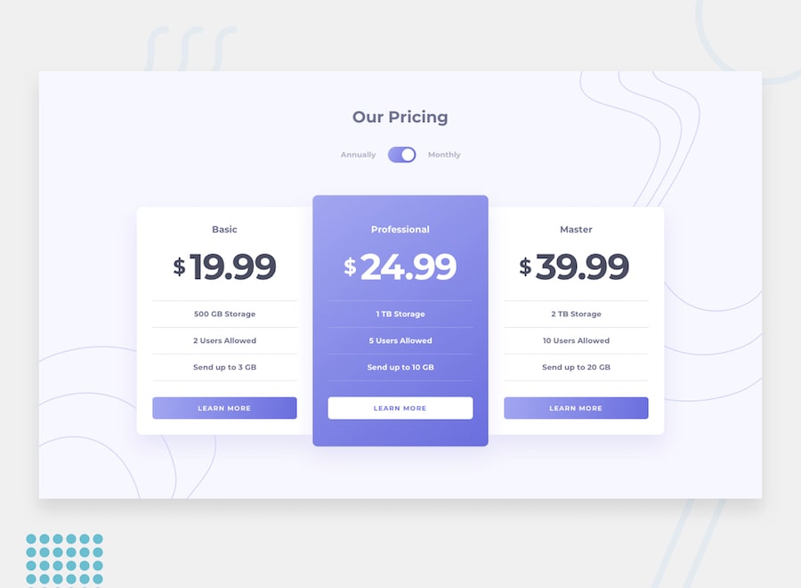 Design preview for the Pricing component with toggle coding challenge