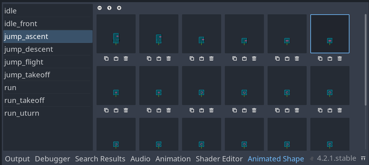 A screenshot of the GUI showing a custom "Animated Shape" bottom panel in Godot