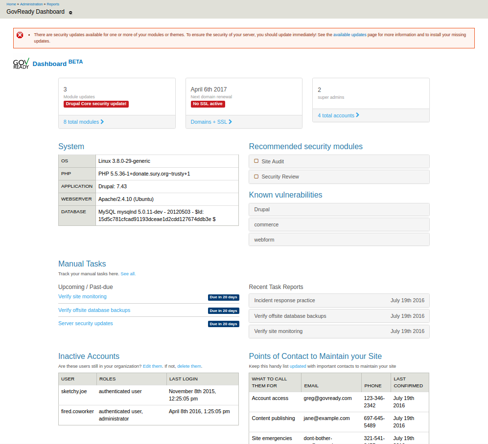 screenshot of GovReady Drupal dashboard