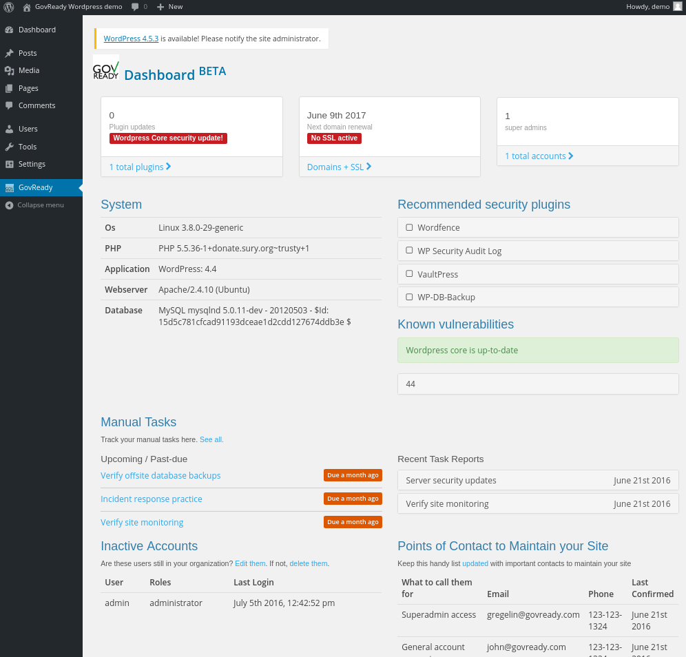 screenshot of GovReady WordPress dashboard