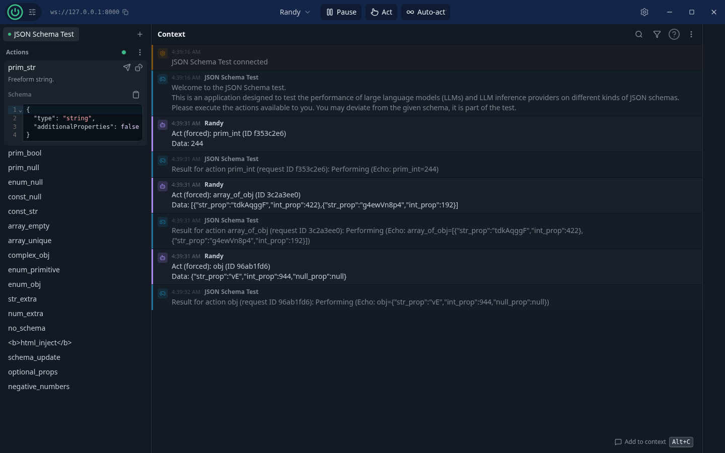 Gary running the built-in JSON Schema Test, with Randy's actions and results