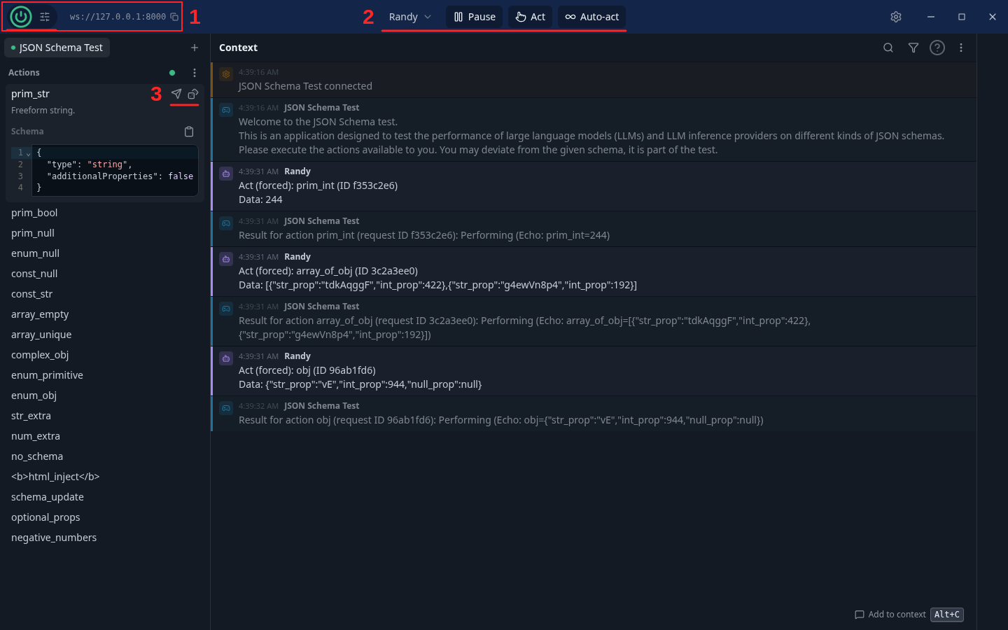 Gary dashboard with numbered annotations: 1 server controls, 2 engine controls, 3 manual action sending