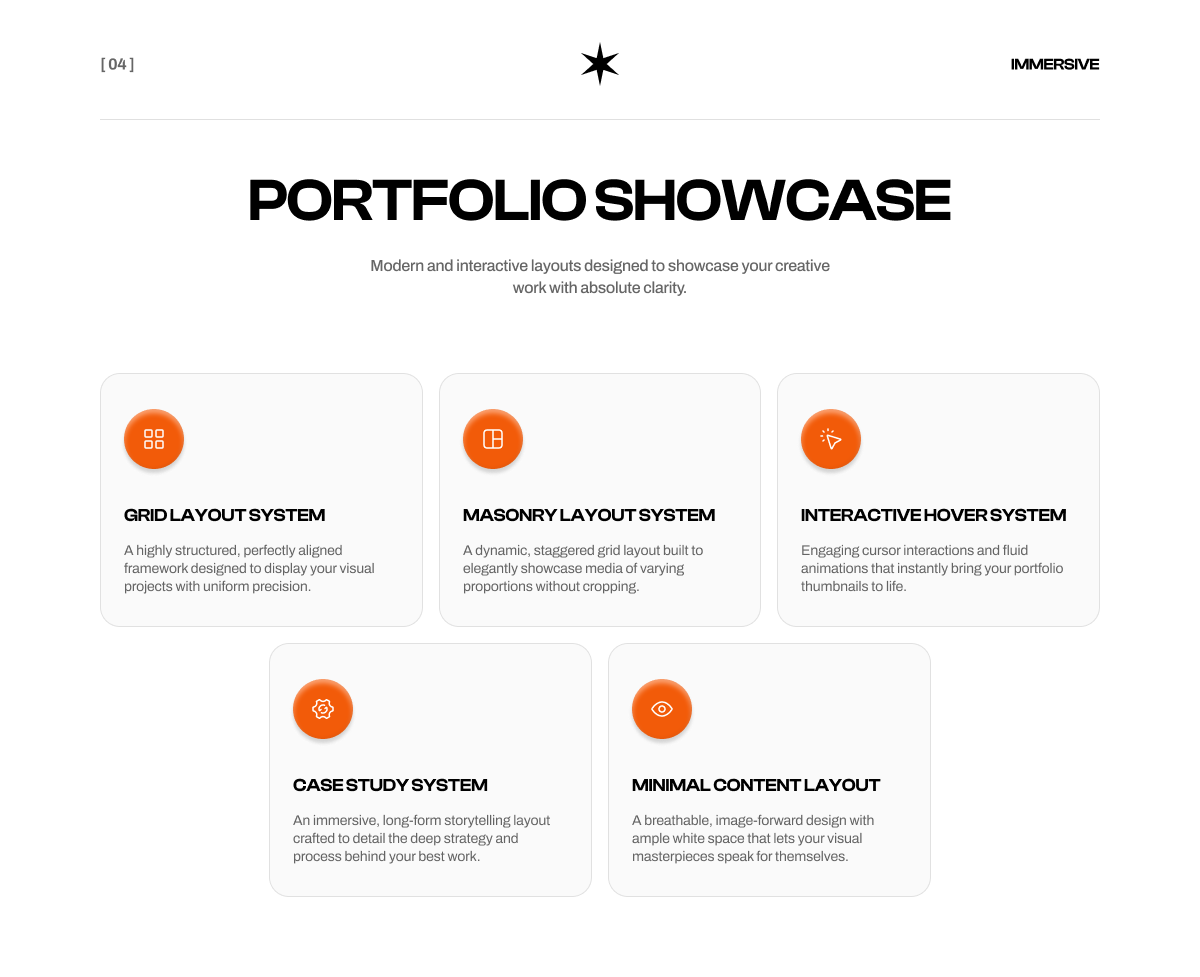 Orvian Portfolio Showcase - Grid Layout, Masonry Layout, Interactive Hover System, Case Study System, Minimal Content Layout