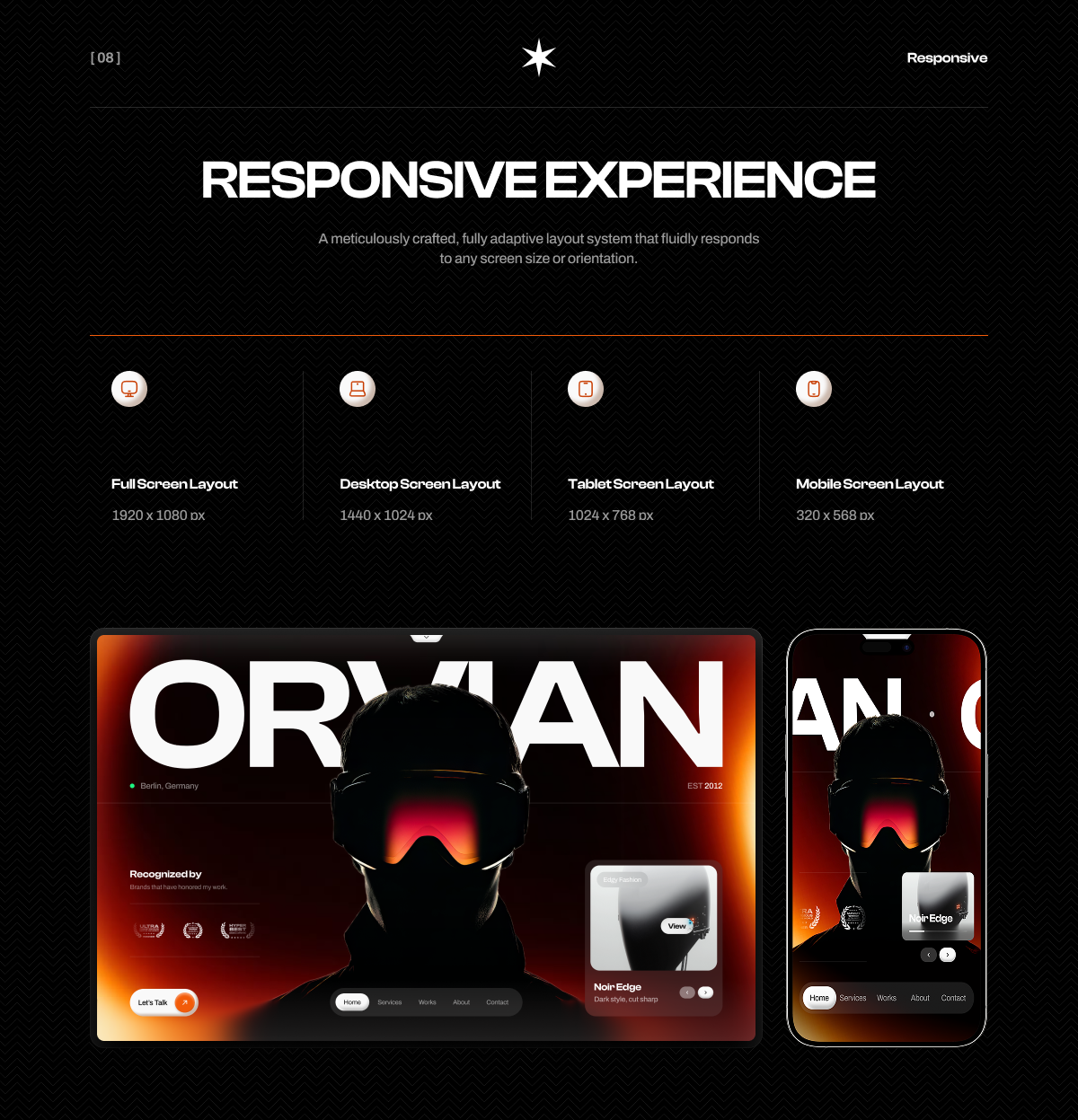 Orvian Responsive Experience - Full Screen, Desktop, Tablet, and Mobile Layouts