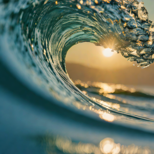 ocean wave, sunset, rays of light, photograph, 35mm digital, 4k